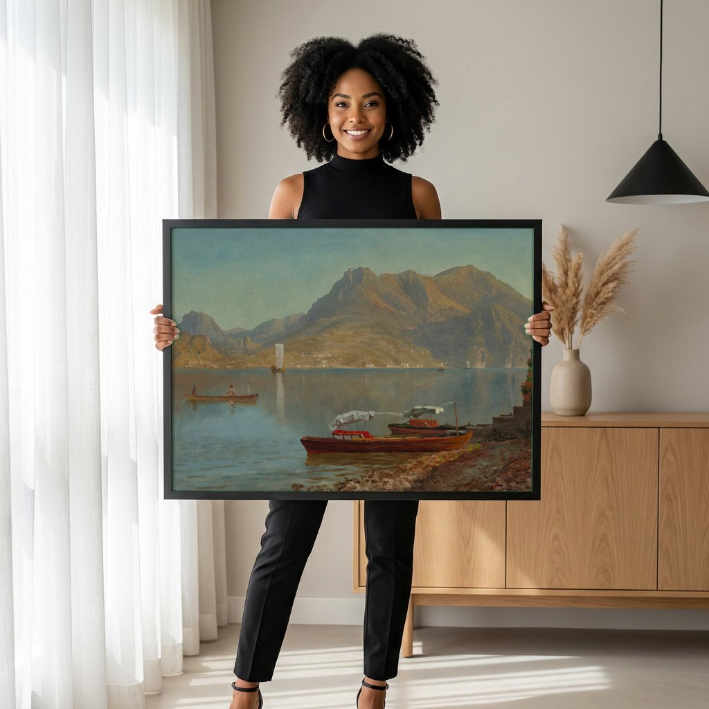 Quadro Decorativo Paisagem Lacustre - Albert Bierstadt | modelo apresentando o quadro emoldurado