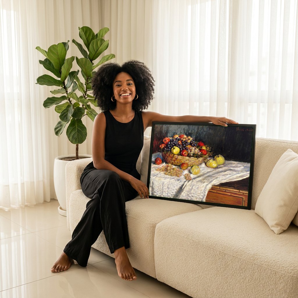 Quadro Decorativo Cesta de Frutas - Claude Monet | modelo apresentando o quadro emoldurado