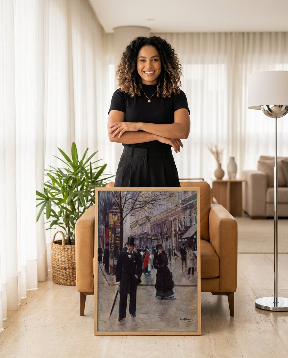Quadro Decorativo Cena de Rua Parisiense - Jean Béraud | modelo apresentando o quadro emoldurado