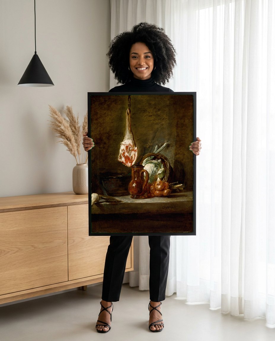 Quadro Decorativo A Perna de Carneiro - Jean Siméon Chardin | modelo apresentando o quadro emoldurado