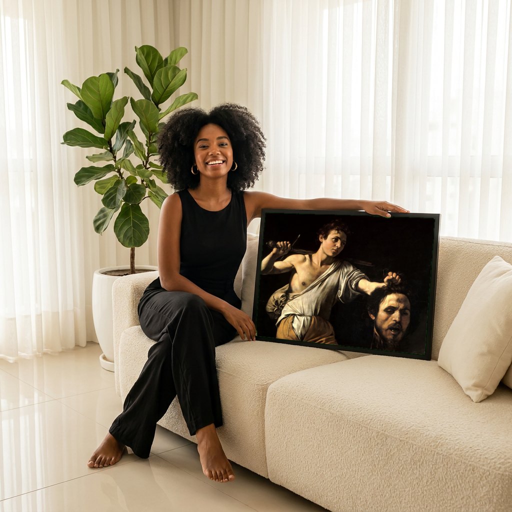 Quadro Decorativo David com a Cabeça de Golias - Caravaggio | modelo apresentando o quadro emoldurado