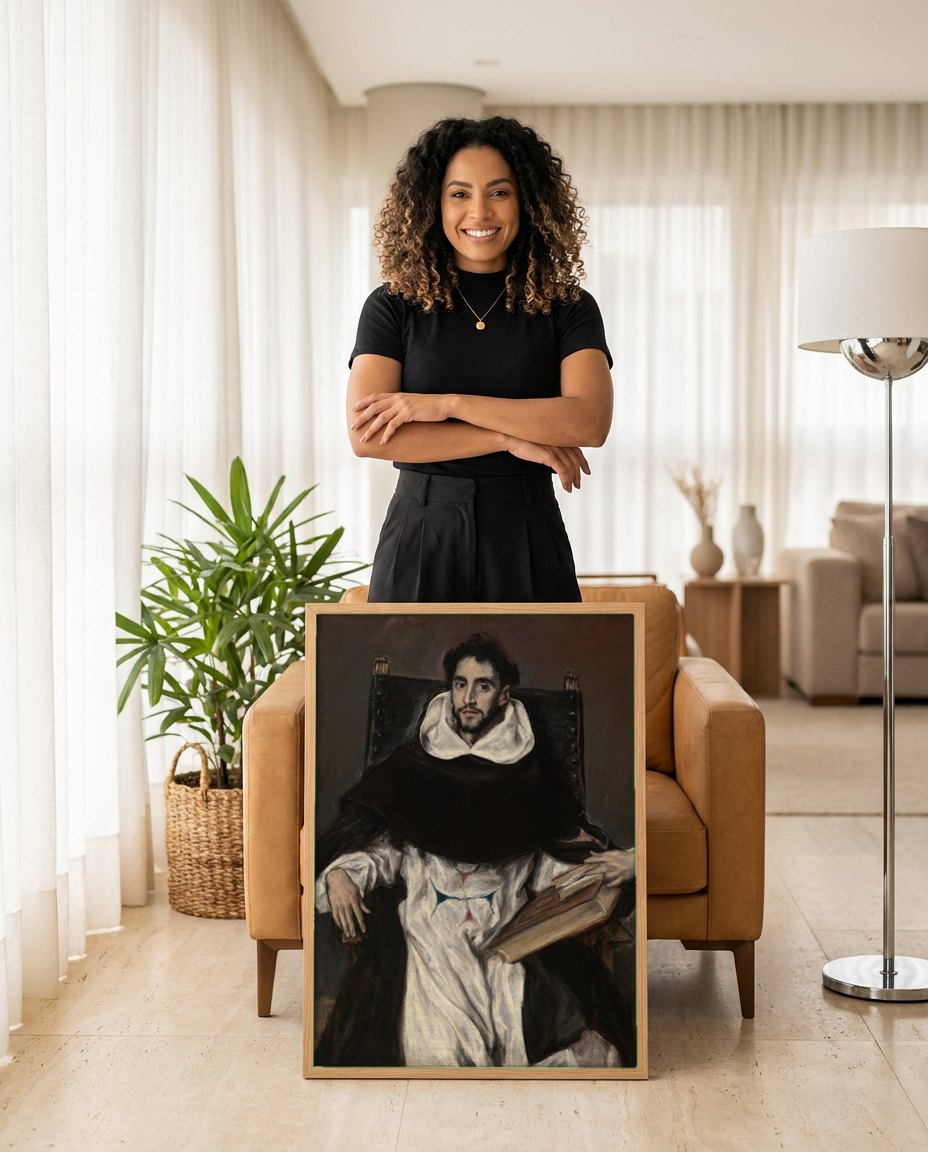 Quadro Decorativo 'São Tiago Menor' - El Greco | modelo apresentando o quadro emoldurado
