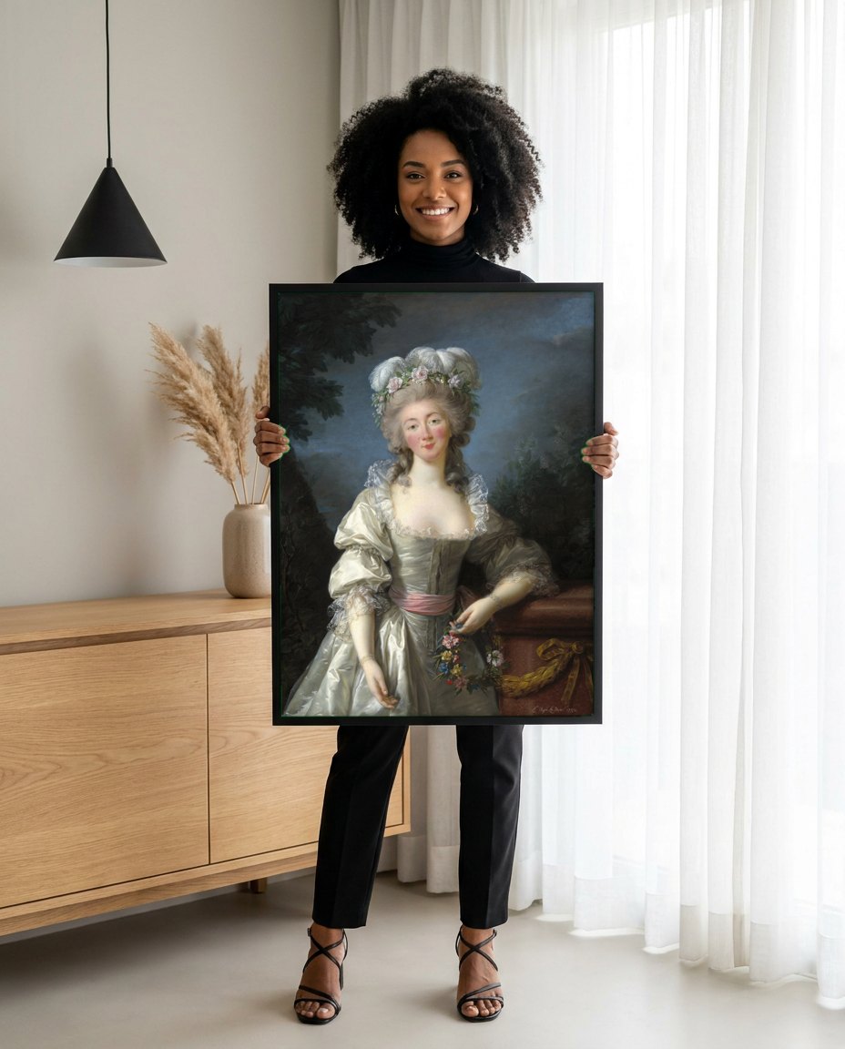 Quadro Decorativo Senhora com Chapéu de Plumas - Vigée Le Brun | modelo apresentando o quadro emoldurado