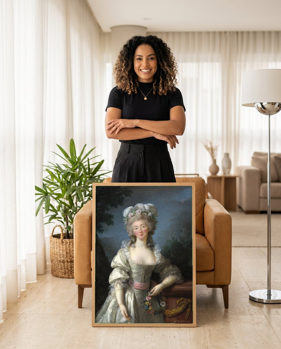 Quadro Decorativo Senhora com Chapéu de Plumas - Vigée Le Brun | modelo apresentando o quadro emoldurado