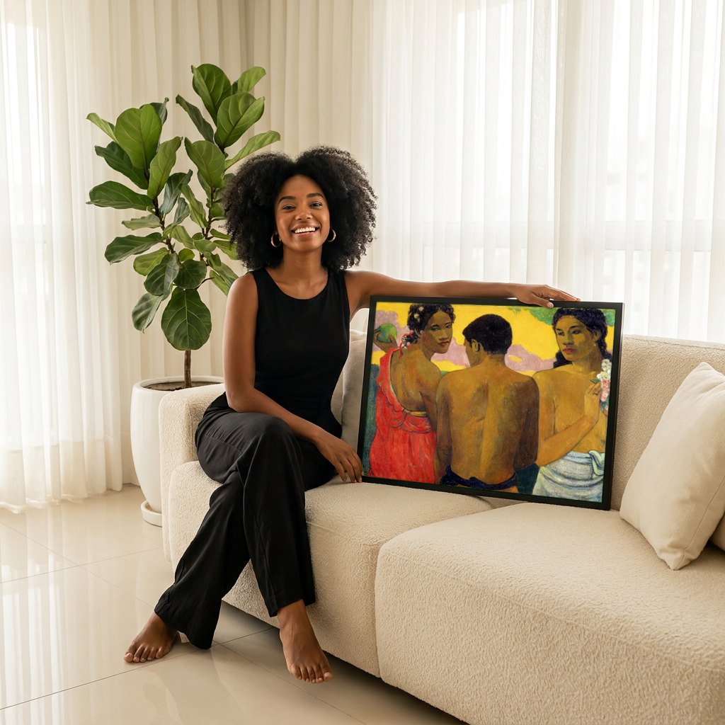 Quadro Decorativo Tahitian Women on the Beach - Gauguin | modelo apresentando o quadro emoldurado