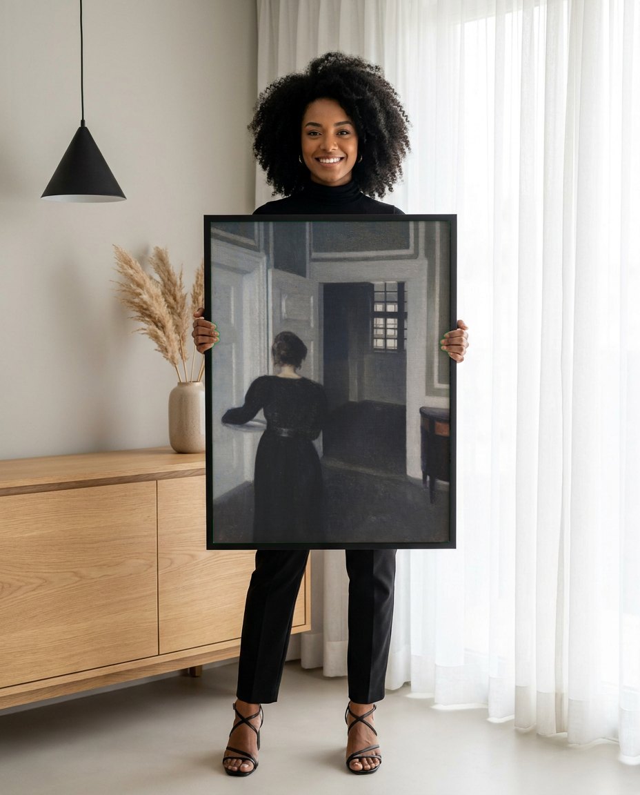 Quadro Decorativo Interior com Mulher de Costas - Vilhelm Hammershøi | modelo apresentando o quadro emoldurado