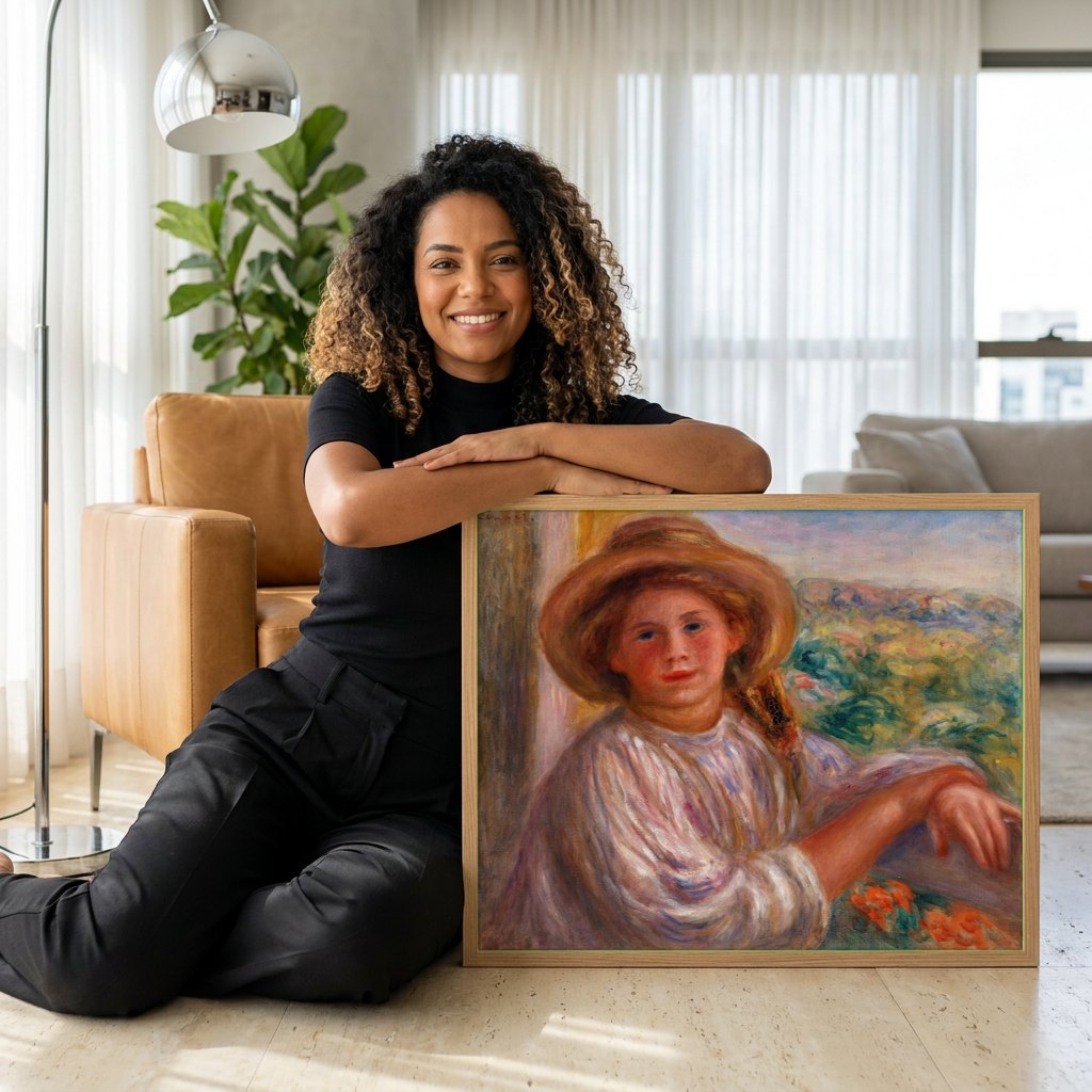 Quadro Decorativo Jovem Mulher com Chapeu - Renoir | modelo apresentando o quadro emoldurado
