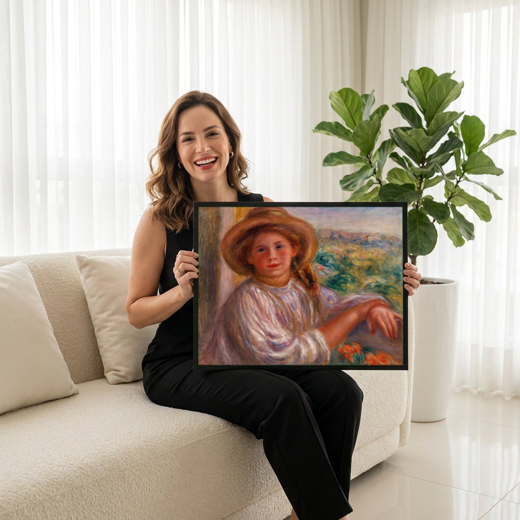 Quadro Decorativo Jovem Mulher com Chapeu - Renoir | modelo apresentando o quadro emoldurado
