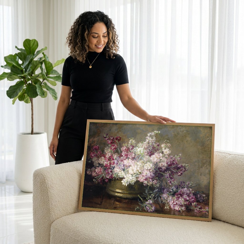 Quadro Decorativo Cesto de Flores - Marie Egner | modelo apresentando o quadro emoldurado