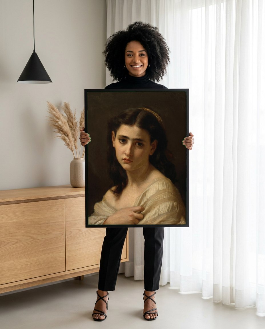 Quadro Decorativo 'A Súplica' - Hugues Merle | modelo apresentando o quadro emoldurado