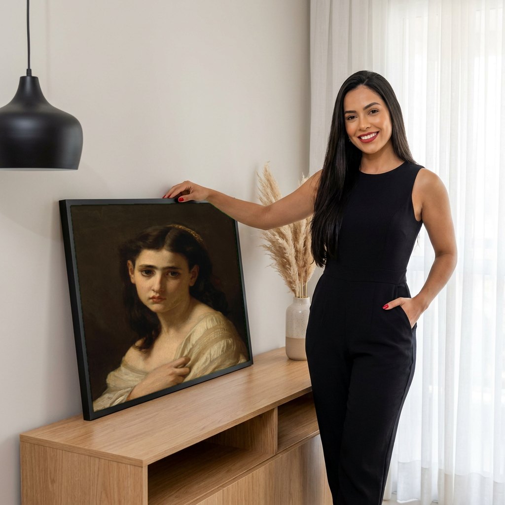 Quadro Decorativo 'A Súplica' - Hugues Merle | modelo apresentando o quadro emoldurado