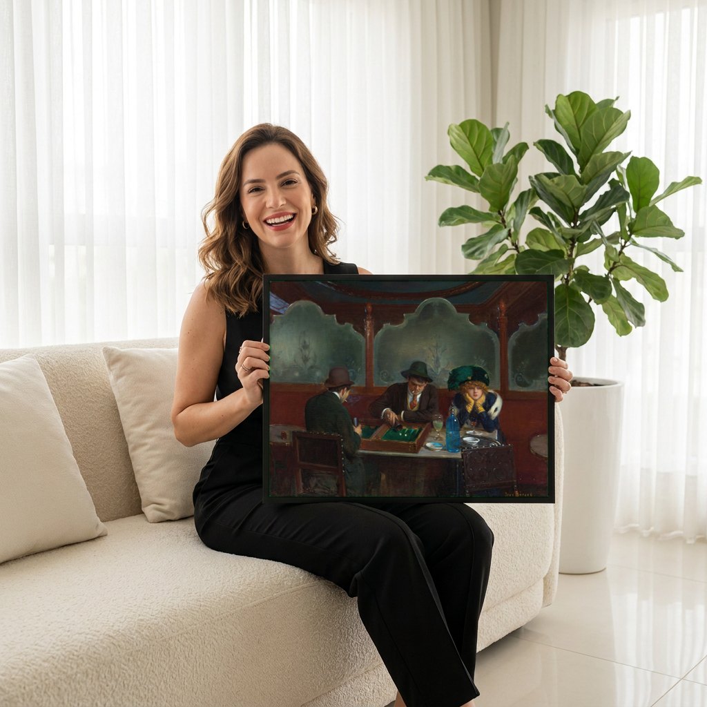 Quadro Decorativo A Mesa de Jogo - Jean Béraud | modelo apresentando o quadro emoldurado