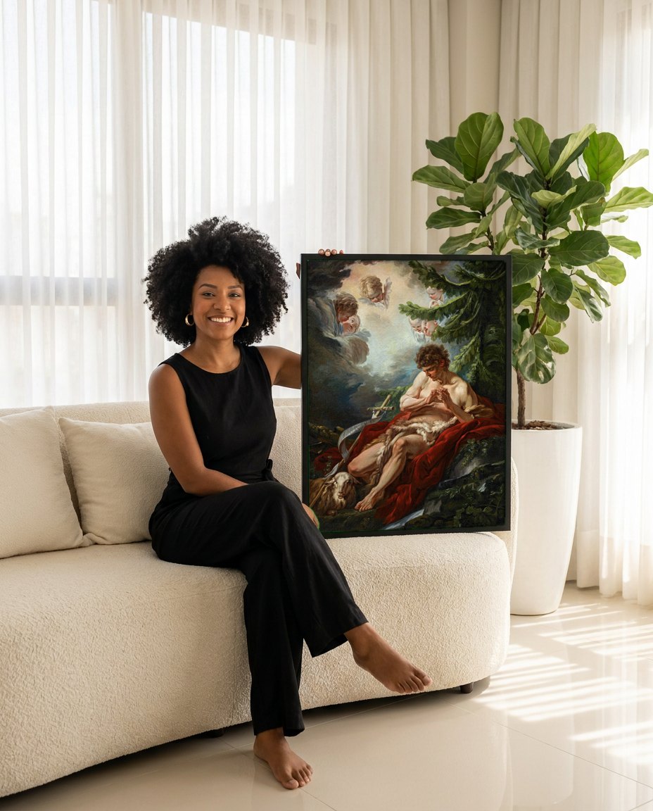 Quadro Decorativo São João Batista no Deserto - F. Boucher | modelo apresentando o quadro emoldurado