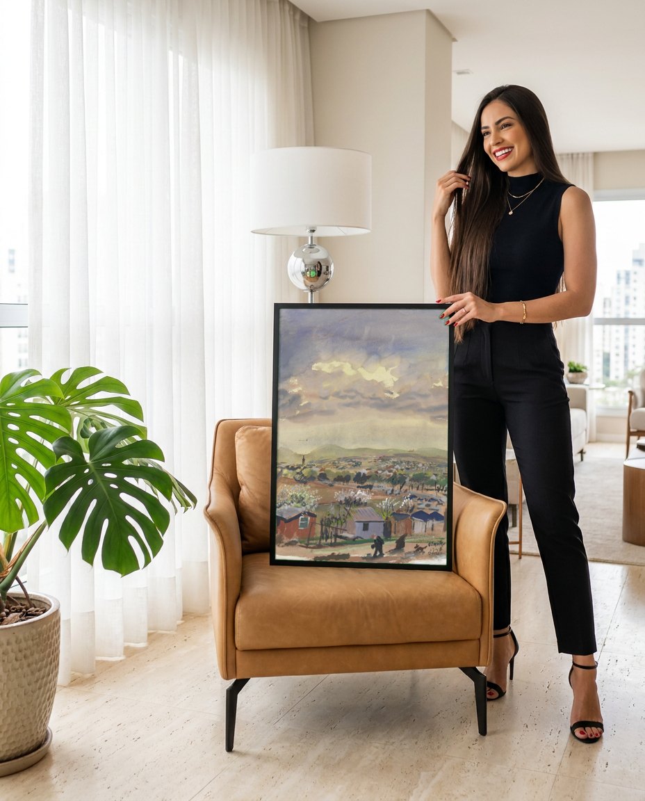 Quadro Decorativo Paisagem com Nuvens e Vilarejo - Oskar Laske | modelo apresentando o quadro emoldurado