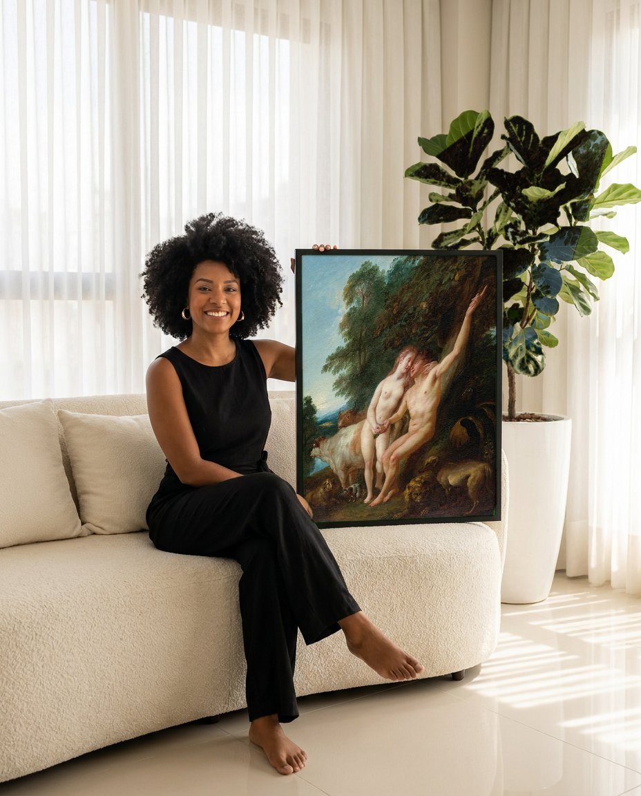 Quadro Decorativo A Criação do Homem e da Mulher - Jean François de Troy com modelo em ambiente