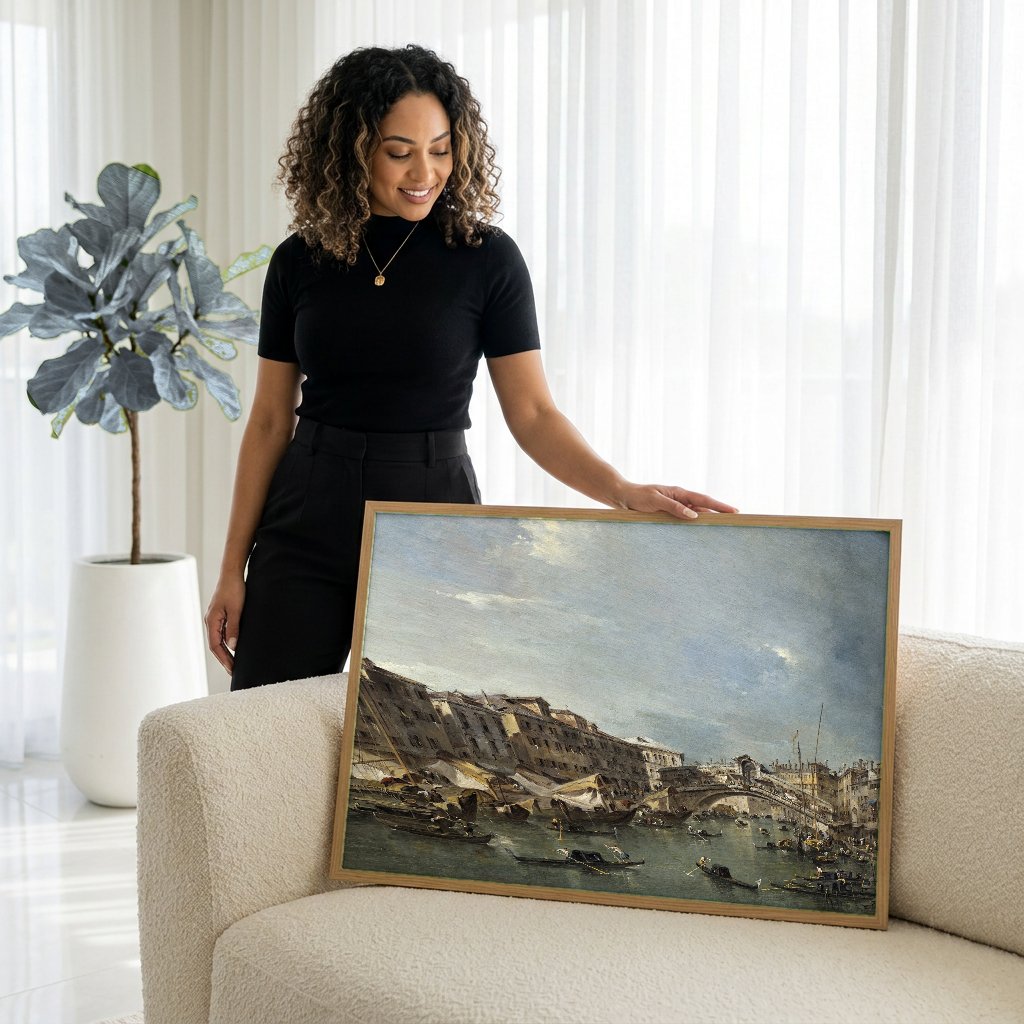 Quadro Decorativo Canal Grande e Ponte de Rialto - Guardi com modelo em ambiente