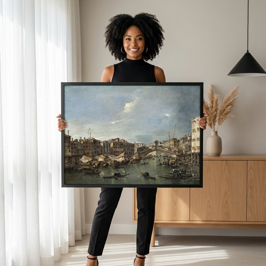 Quadro Decorativo Canal Grande e Ponte de Rialto - Guardi com modelo em ambiente