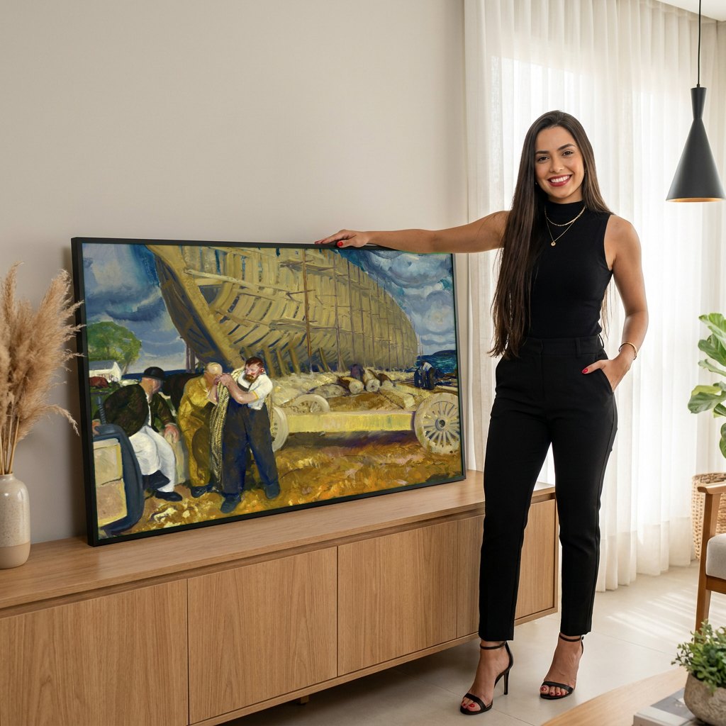 Quadro Decorativo Homens do Porto - George Bellows | modelo apresentando o quadro emoldurado