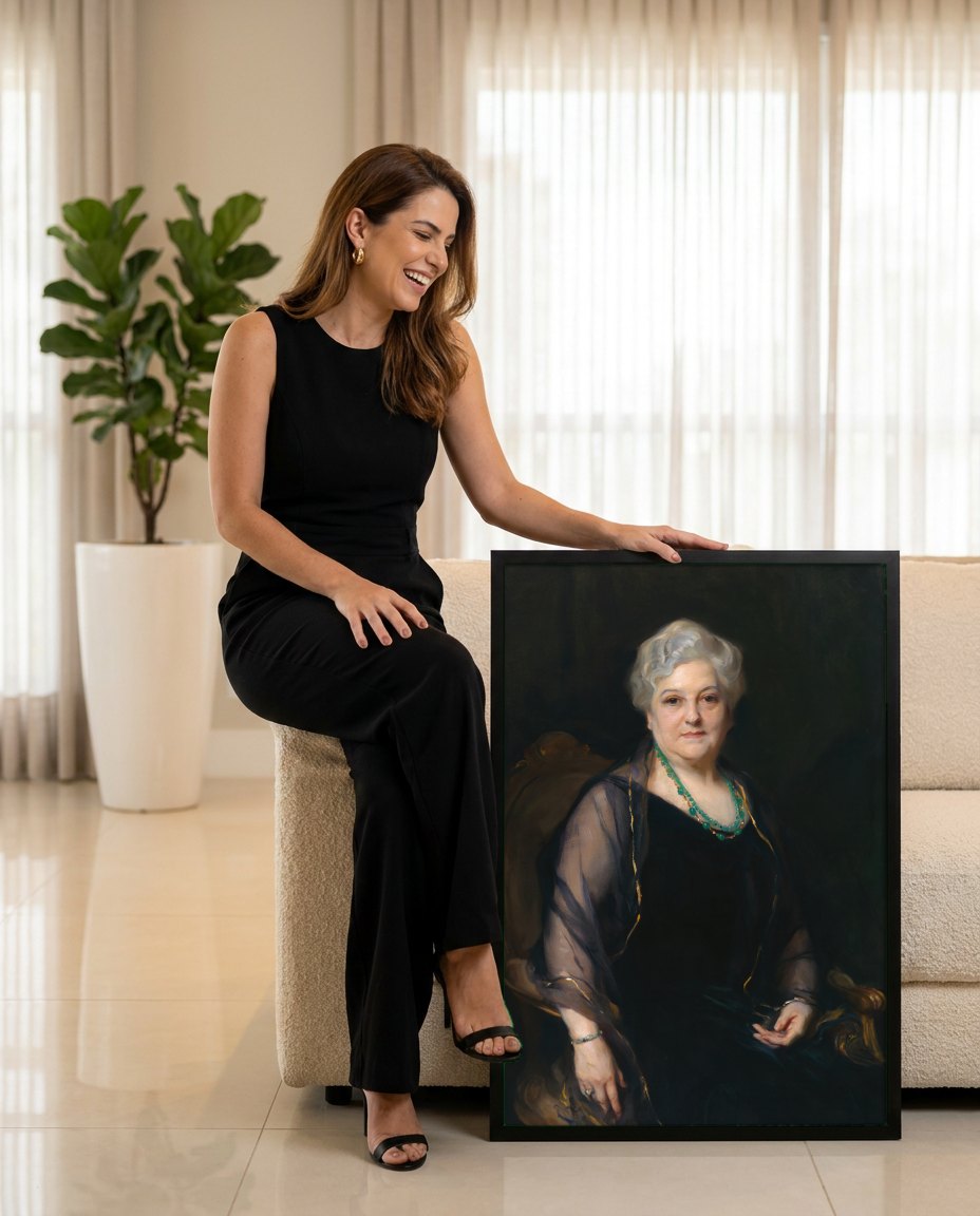 Quadro Decorativo Retrato de Senhora Elegante - Philip Alexius de László | modelo apresentando o quadro emoldurado