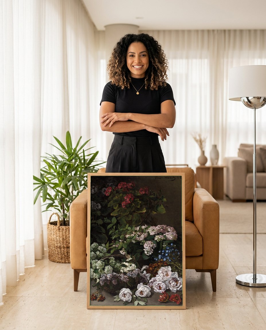 Quadro Decorativo Cesto de Flores - Claude Monet | modelo apresentando o quadro emoldurado