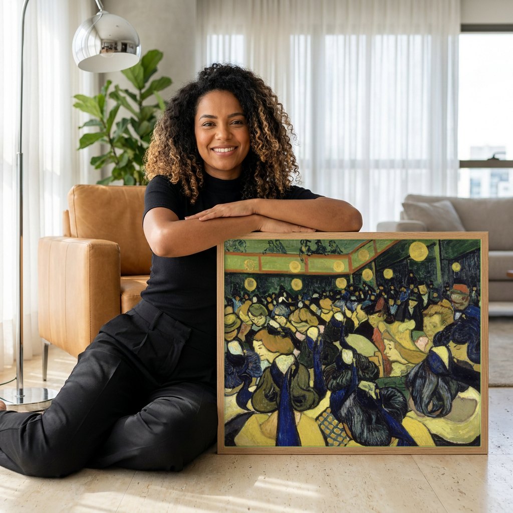 Quadro Decorativo O Teatro de la Gaieté - Van Gogh | modelo apresentando o quadro emoldurado