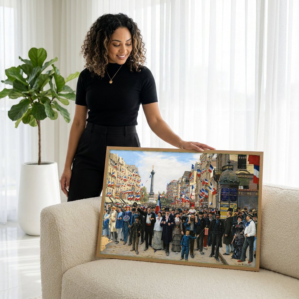 Quadro Decorativo A Celebração de 14 de Julho - Jean Béraud | modelo apresentando o quadro emoldurado