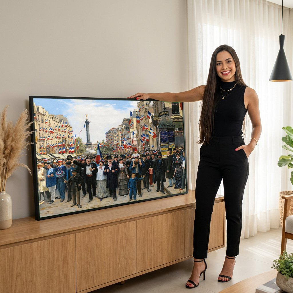 Quadro Decorativo A Celebração de 14 de Julho - Jean Béraud | modelo apresentando o quadro emoldurado