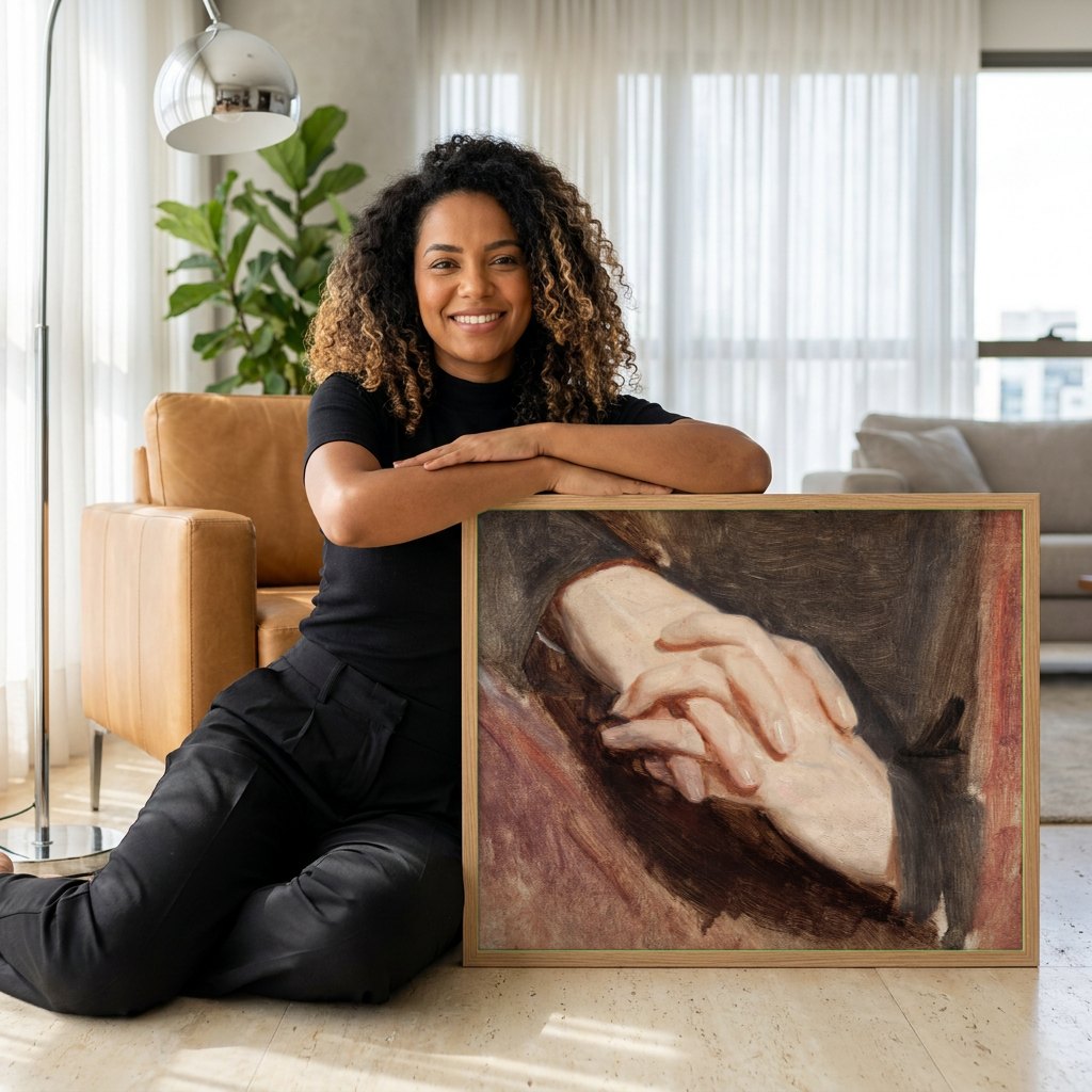 Quadro Decorativo Mãos Entrelaçadas - Józef Simmler | modelo apresentando o quadro emoldurado