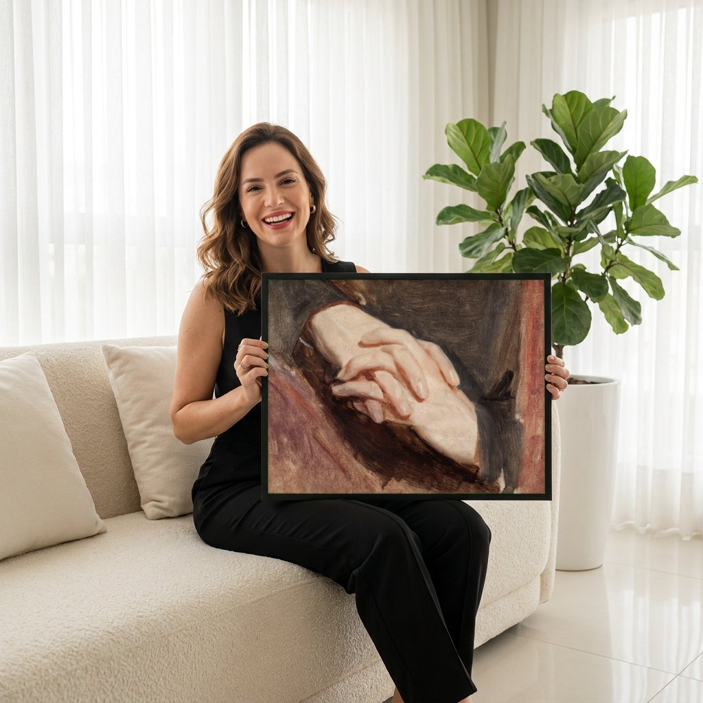 Quadro Decorativo Mãos Entrelaçadas - Józef Simmler | modelo apresentando o quadro emoldurado