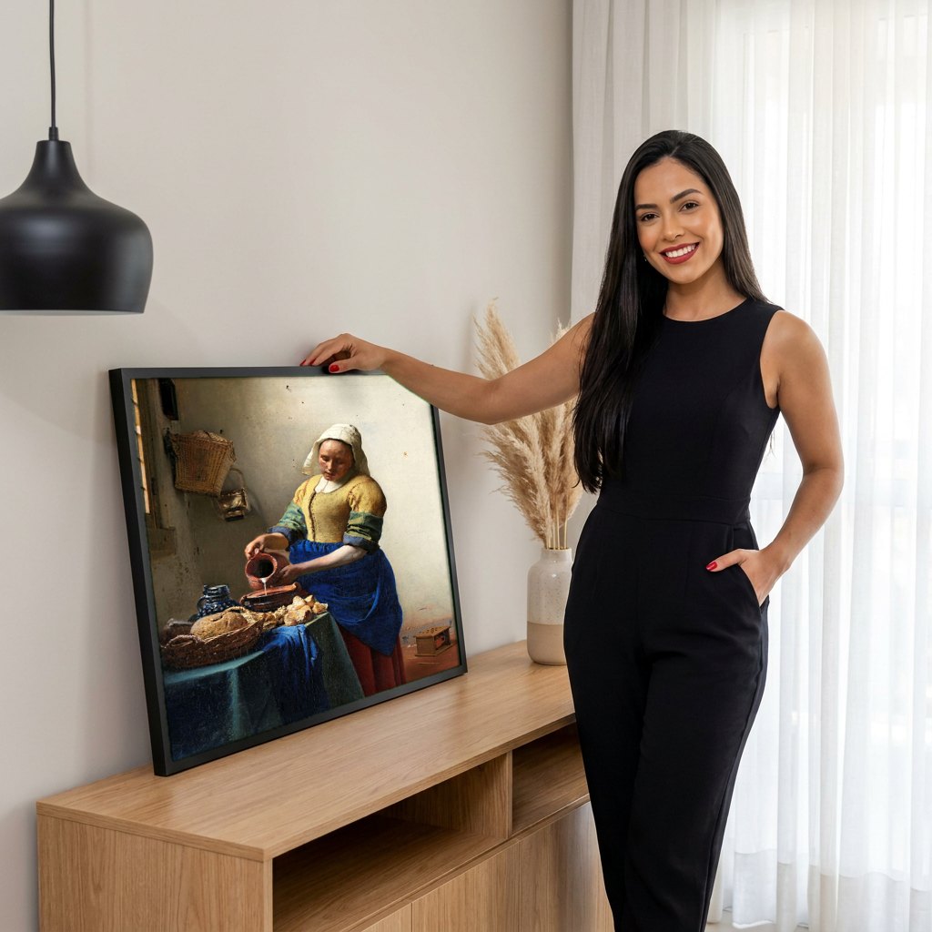 Quadro Decorativo A Leiteira - Johannes Vermeer | modelo apresentando o quadro emoldurado