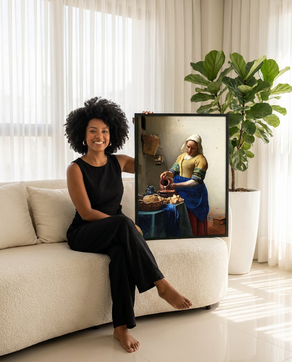 Quadro Decorativo A Leiteira - Johannes Vermeer | modelo apresentando o quadro emoldurado