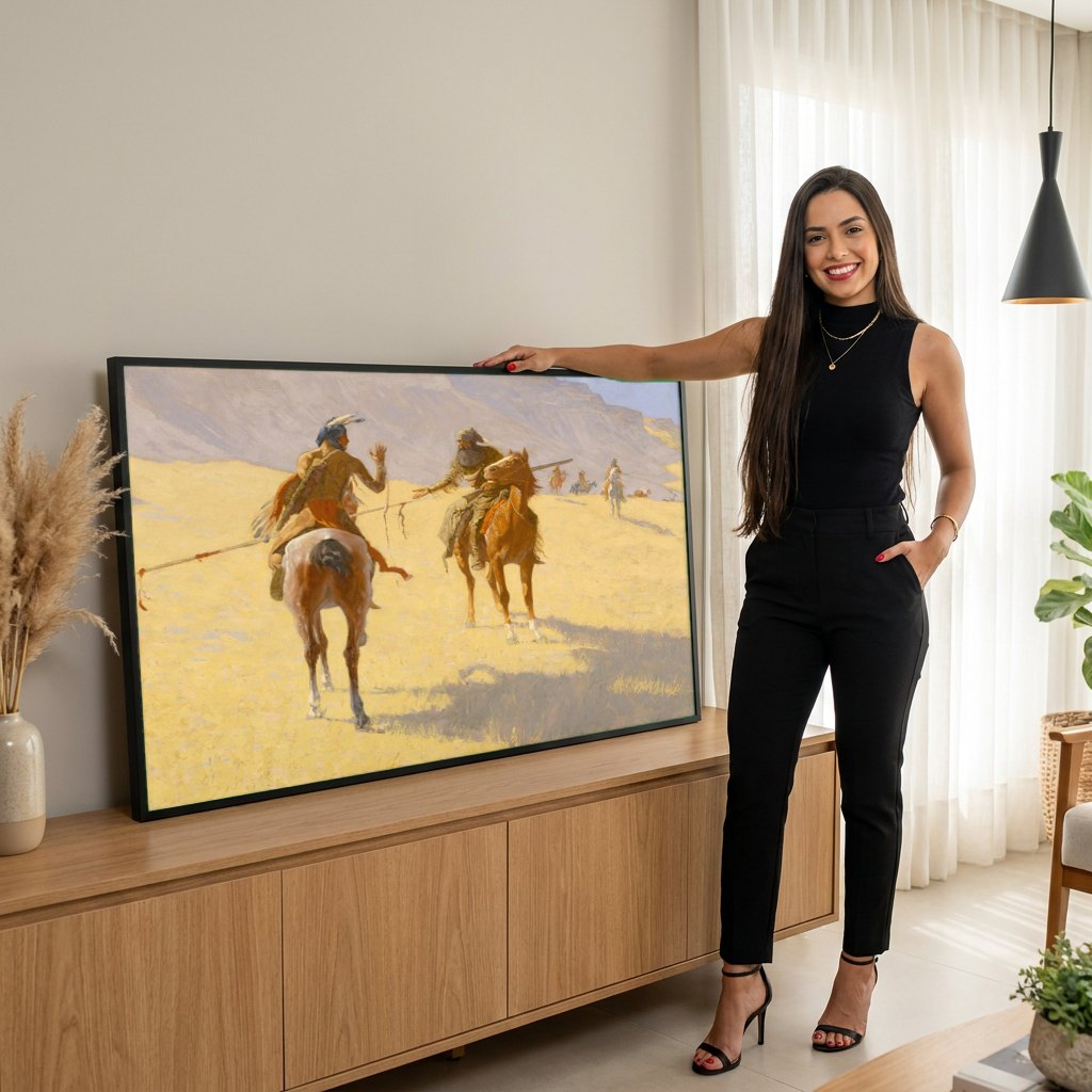 Quadro Decorativo 'A Conversa' - Frederic Remington | modelo apresentando o quadro emoldurado