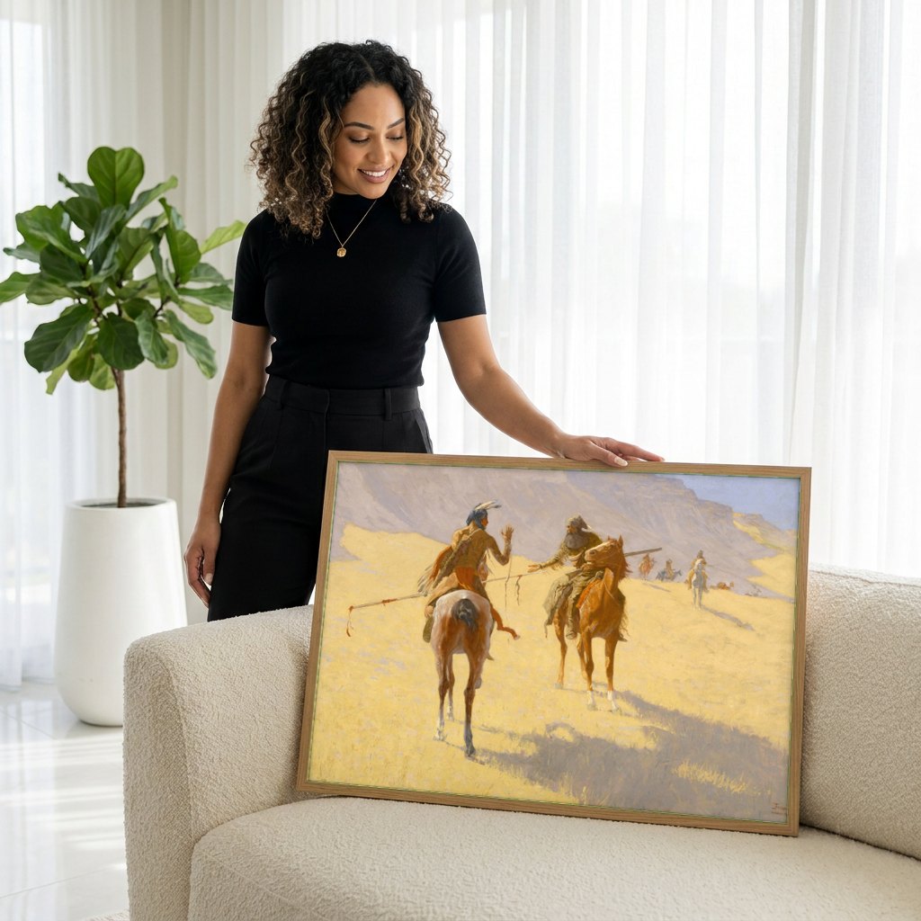 Quadro Decorativo 'A Conversa' - Frederic Remington | modelo apresentando o quadro emoldurado