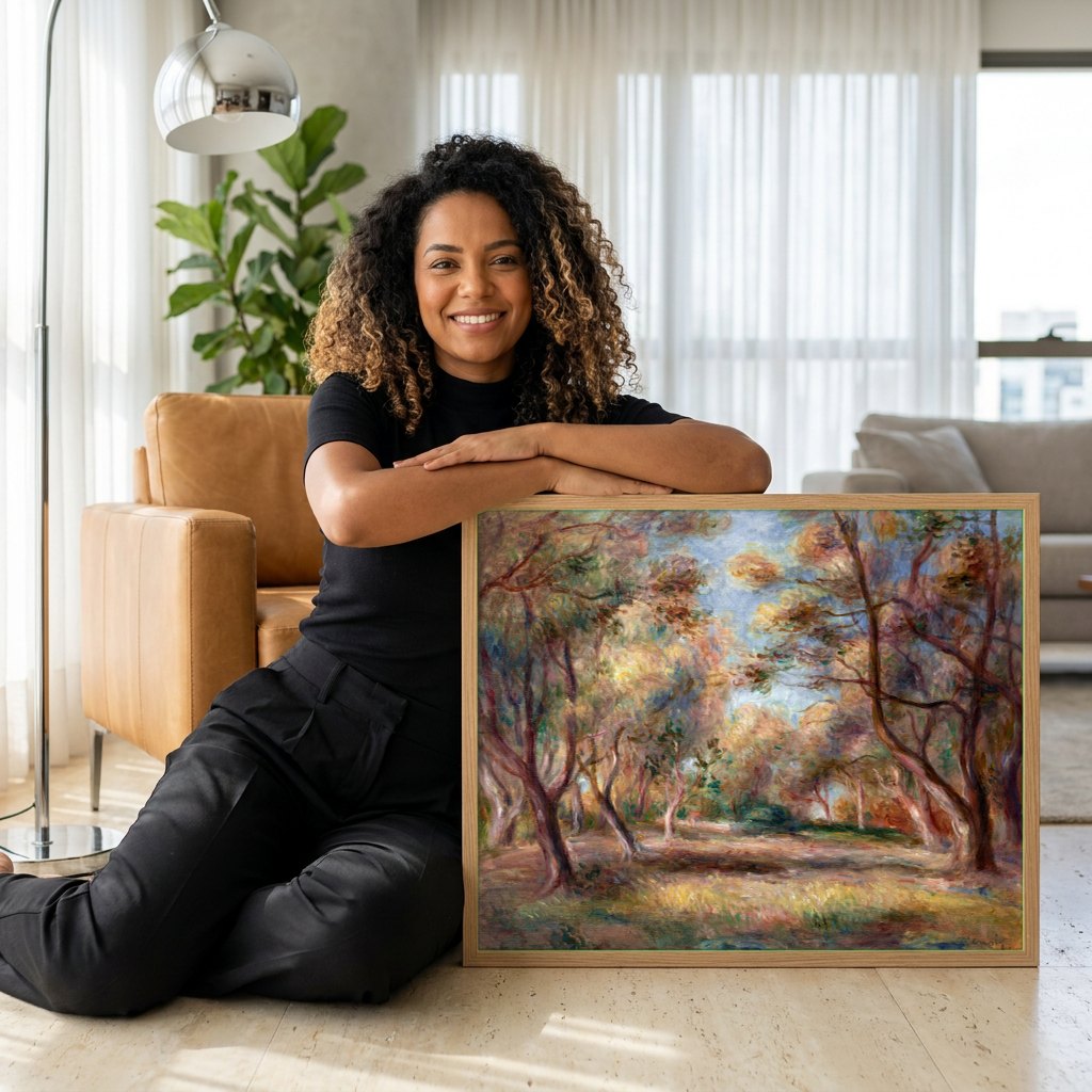 Quadro Decorativo Floresta Ensolarada - Renoir | modelo apresentando o quadro emoldurado
