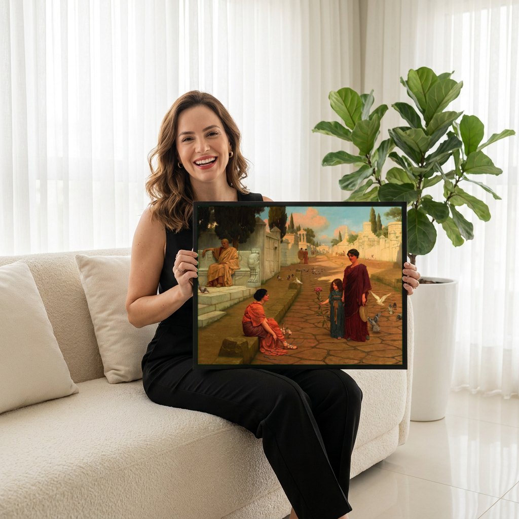 Quadro Decorativo A Day in Ancient Rome - John William Godward | modelo apresentando o quadro emoldurado