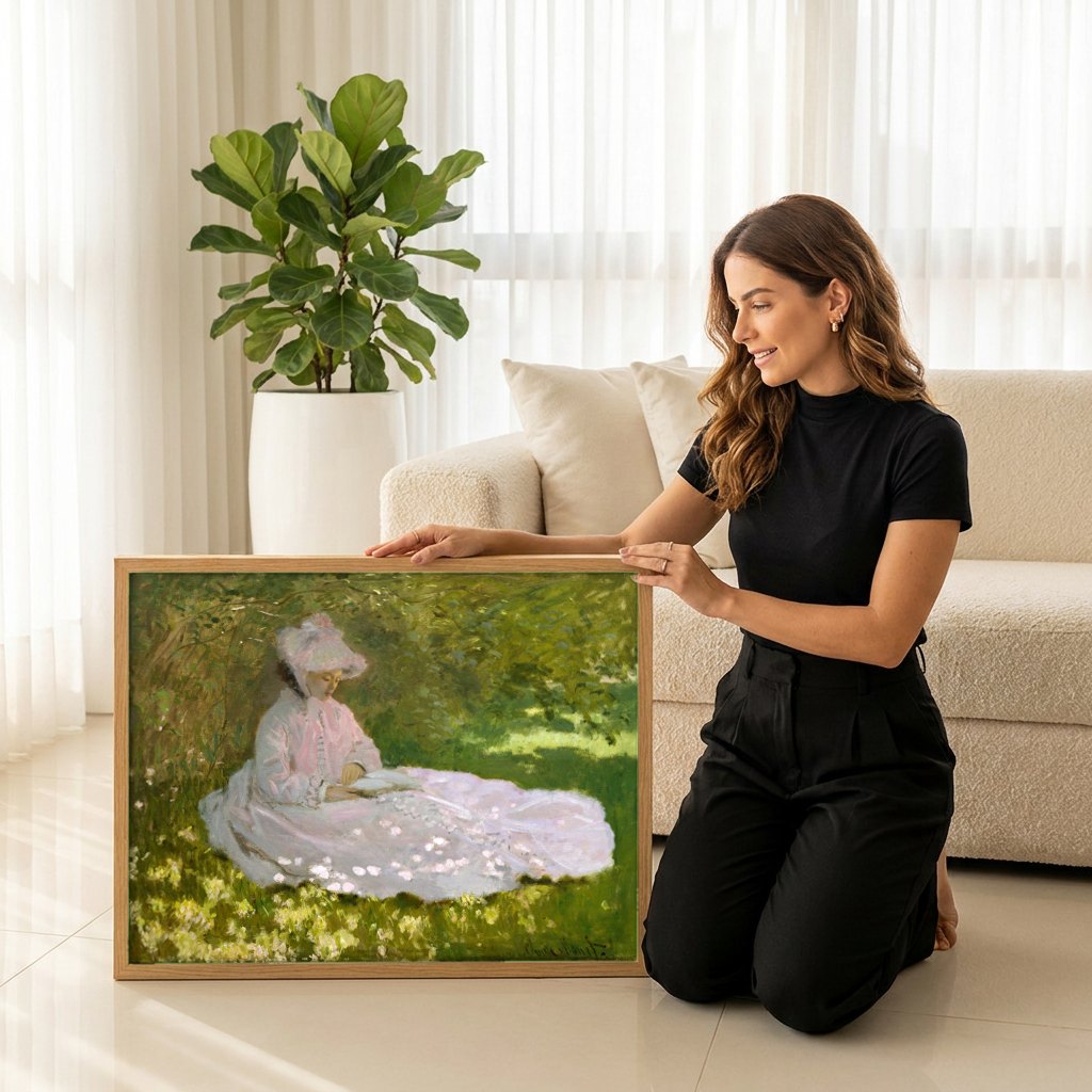 Quadro Decorativo A Leitura (Camille Monet) - Claude Monet | modelo apresentando o quadro emoldurado