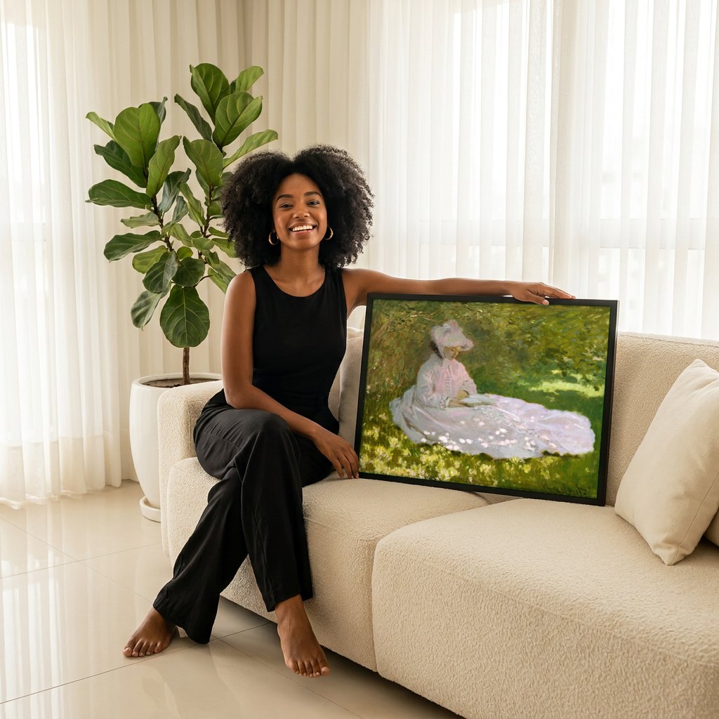 Quadro Decorativo A Leitura (Camille Monet) - Claude Monet | modelo apresentando o quadro emoldurado