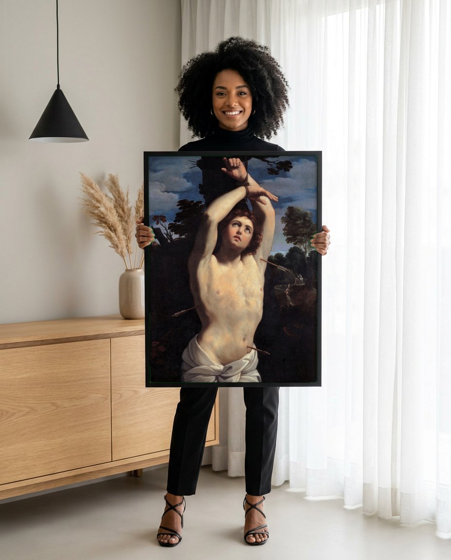 Quadro Decorativo São Sebastião - Guido Reni | modelo apresentando o quadro emoldurado