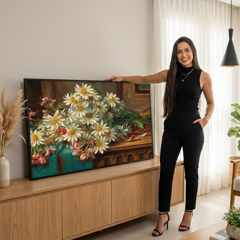 Quadro Decorativo Buquê de Margaridas e Flores Rosas - Hans Zatzka | modelo apresentando o quadro emoldurado