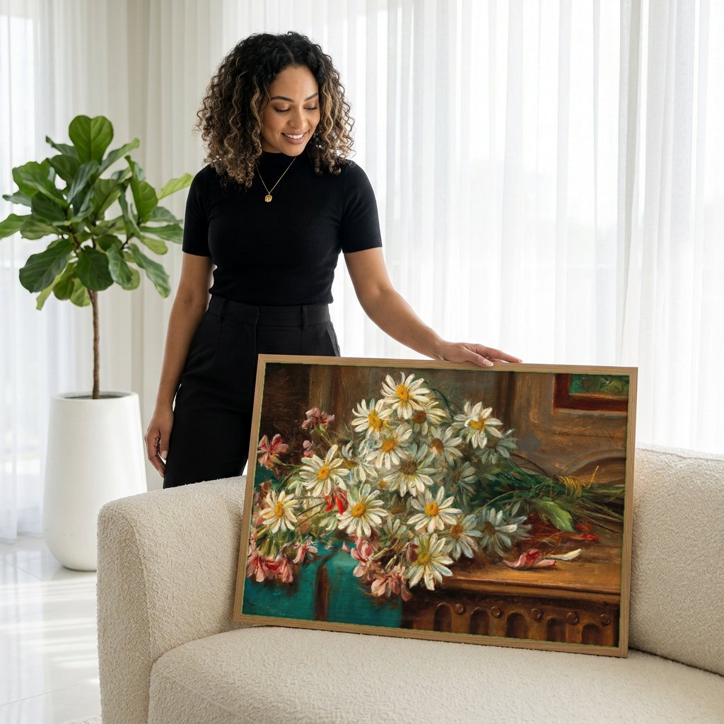 Quadro Decorativo Buquê de Margaridas e Flores Rosas - Hans Zatzka | modelo apresentando o quadro emoldurado