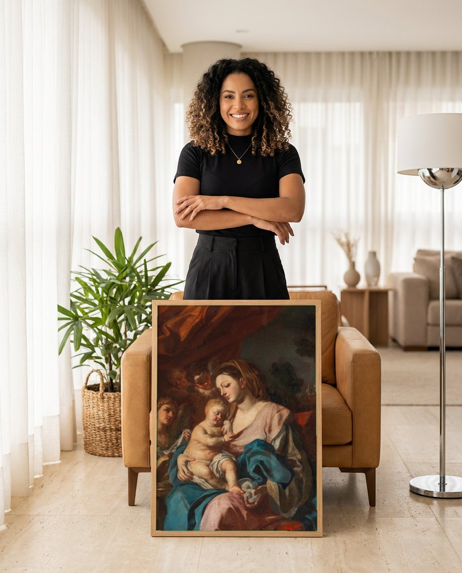 Quadro Decorativo Madona com o Menino e Anjos - Solimena | modelo apresentando o quadro emoldurado