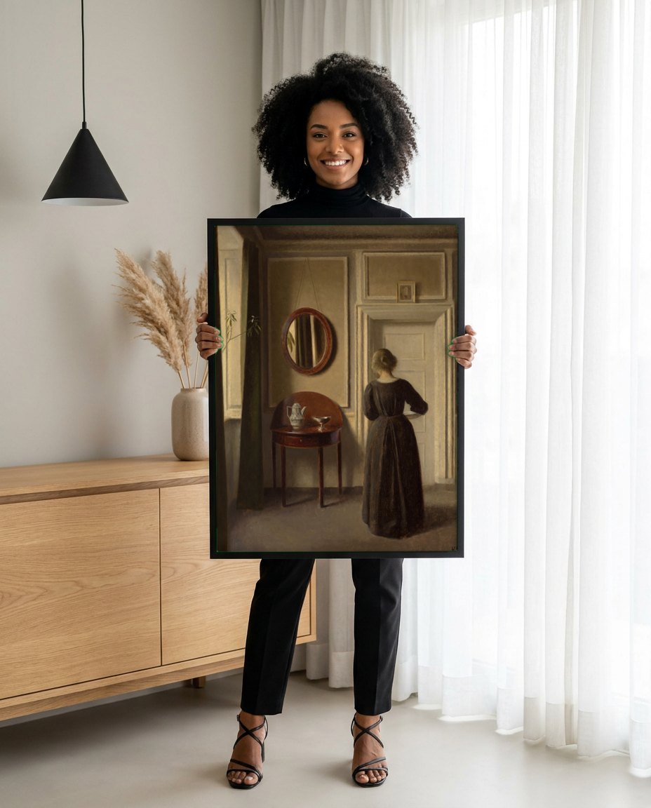 Quadro Decorativo Interior com Mulher de Costas - Hammershøi | modelo apresentando o quadro emoldurado