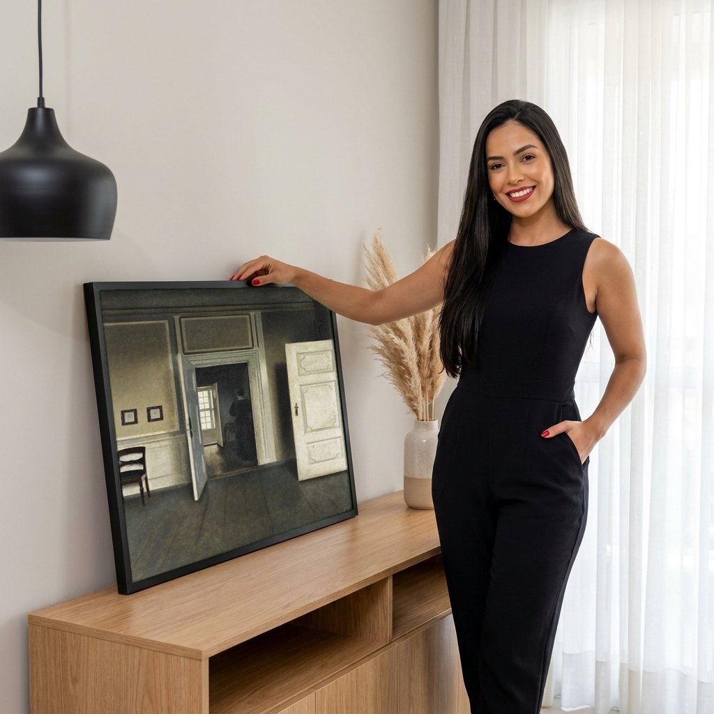 Quadro Decorativo Interior com Mulher de Costas - Hammershøi | modelo apresentando o quadro emoldurado