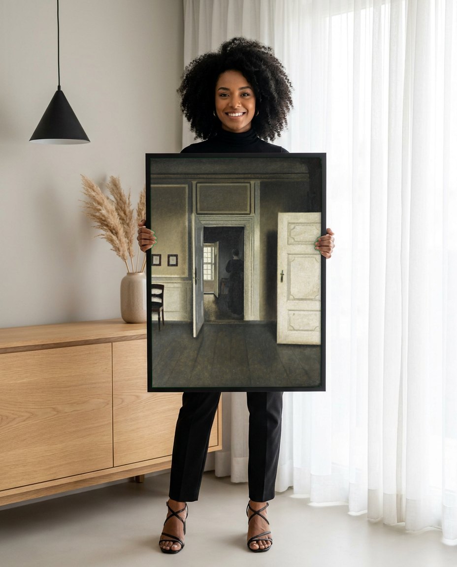 Quadro Decorativo Interior com Mulher de Costas - Hammershøi | modelo apresentando o quadro emoldurado