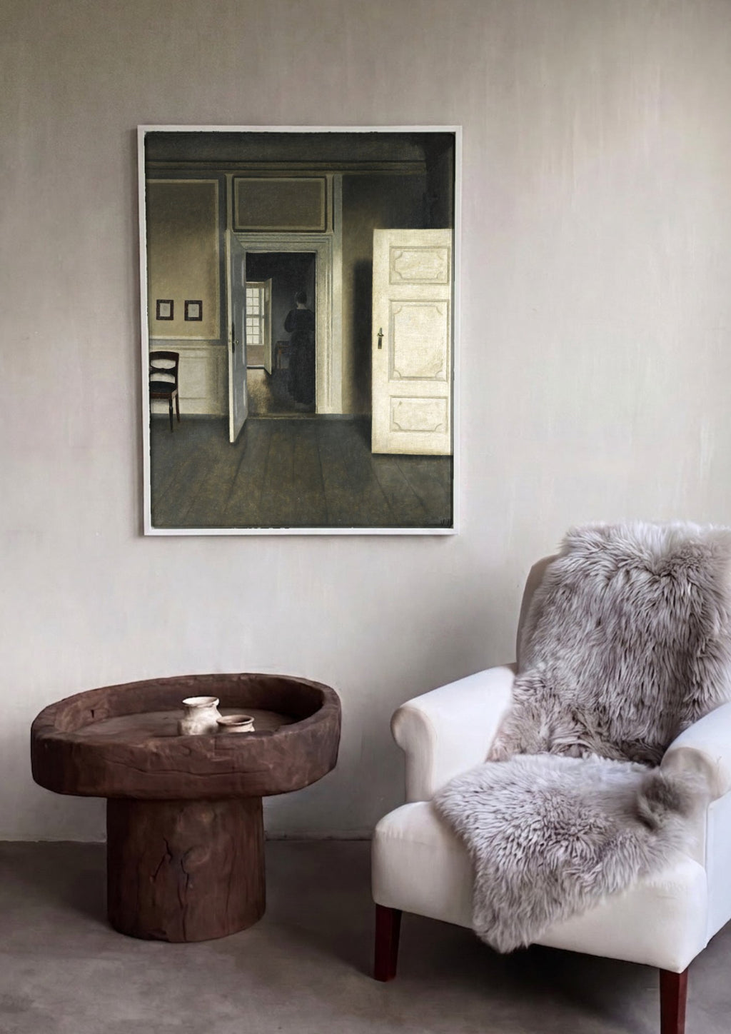 Quadro Decorativo Interior com Mulher de Costas - Hammershøi | quadro emoldurado na parede