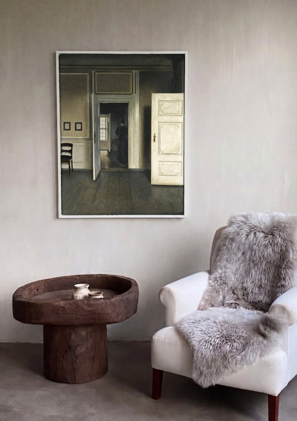 Quadro Decorativo Interior com Mulher de Costas - Hammershøi | quadro emoldurado na parede