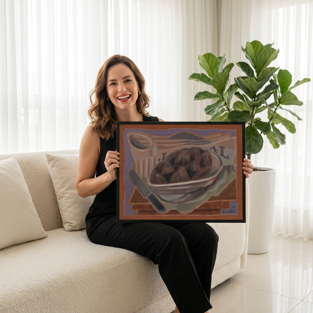 Quadro Decorativo Natureza-Morta com Ameixas - Juan Gris | modelo apresentando o quadro emoldurado