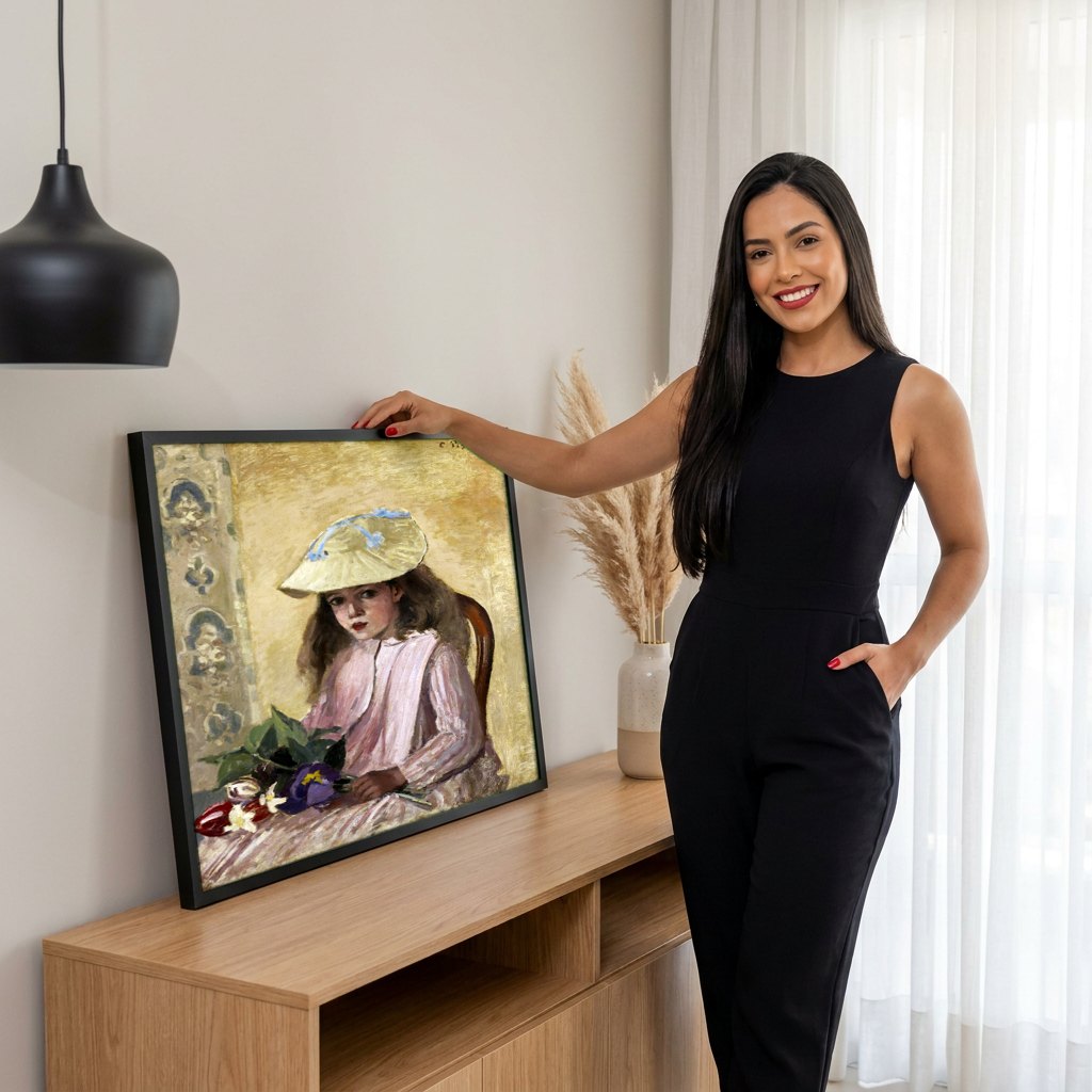 Quadro Decorativo A Menina do Chapéu de Palha com Flores - Pissarro | modelo apresentando o quadro emoldurado