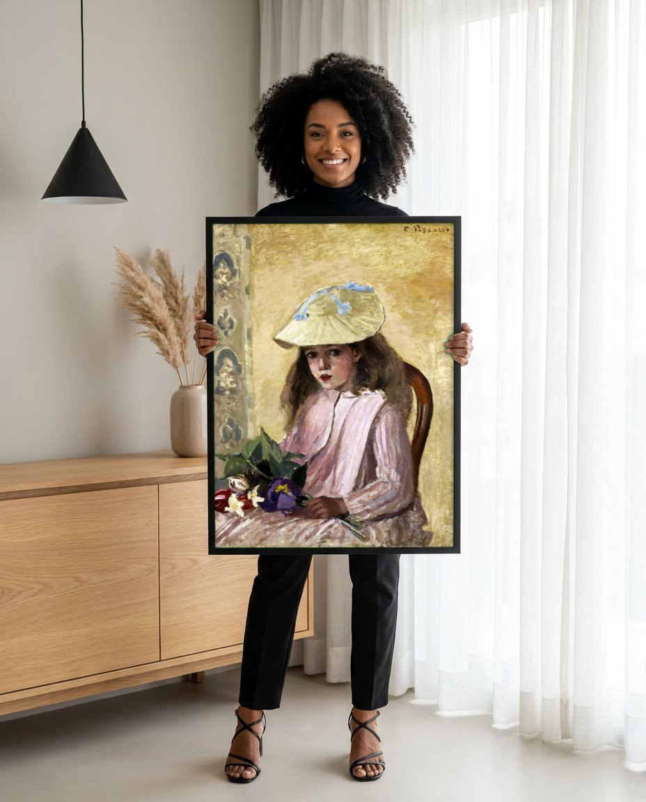 Quadro Decorativo A Menina do Chapéu de Palha com Flores - Pissarro | modelo apresentando o quadro emoldurado