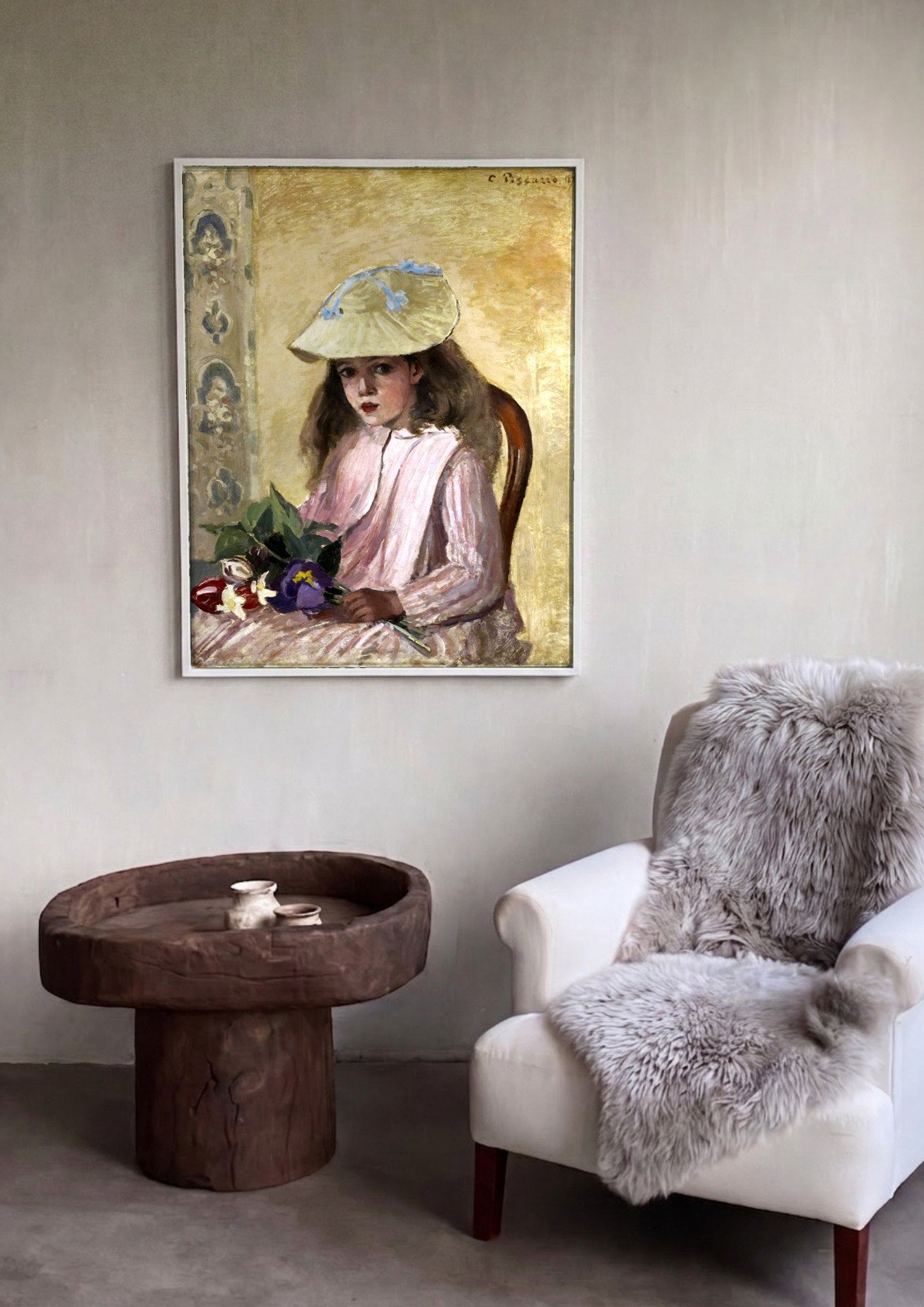 Quadro Decorativo A Menina do Chapéu de Palha com Flores - Pissarro | quadro emoldurado na parede
